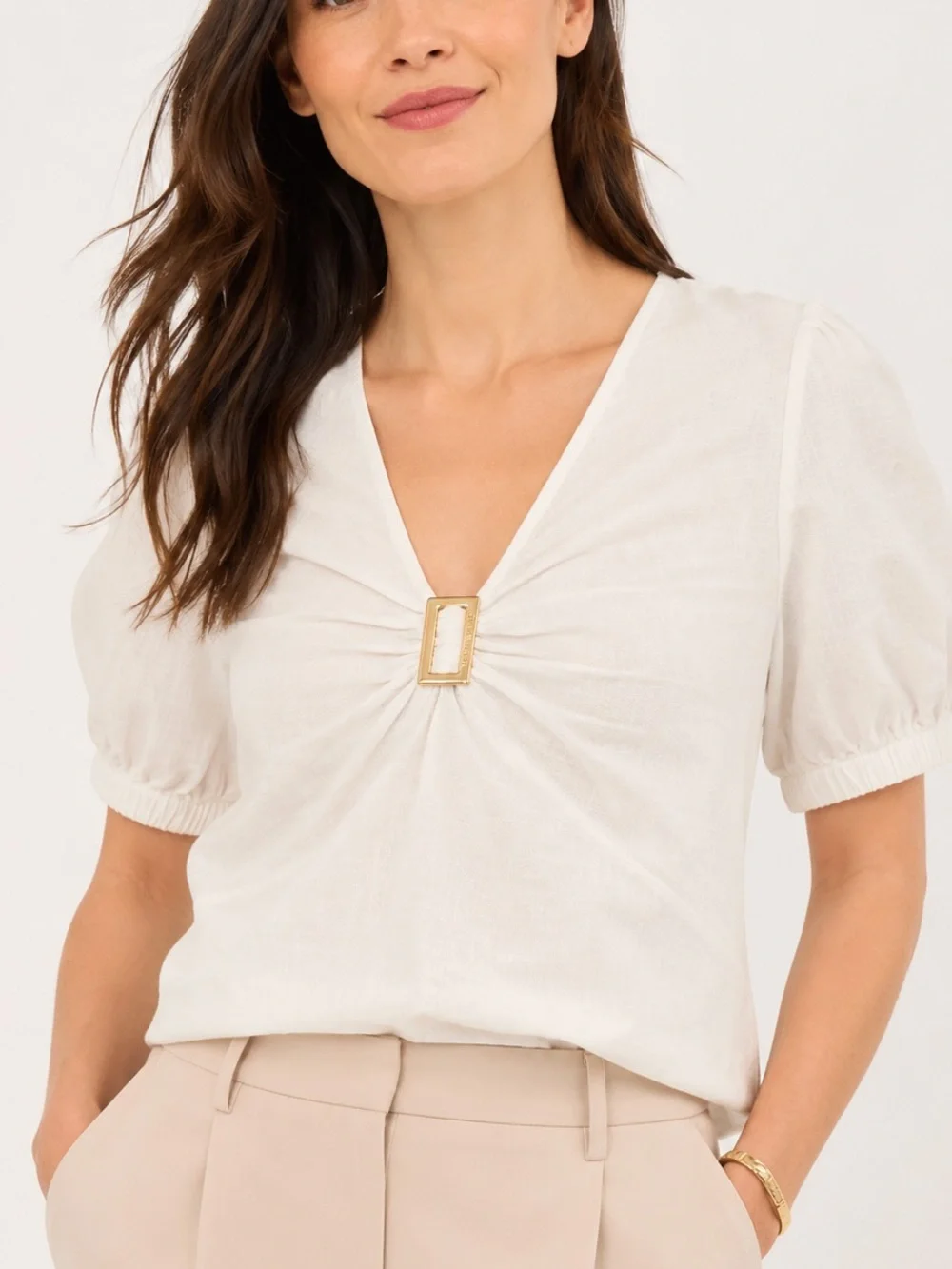 MICHAEL Michael Kors Linen Blend Buckle Puff Sleeve Blouse White S NWT